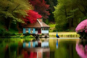 un azul casa se sienta en el borde de un lago. generado por ai foto