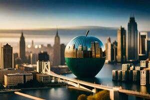 a green apple sitting on top of a bridge over a city. AI-Generated photo