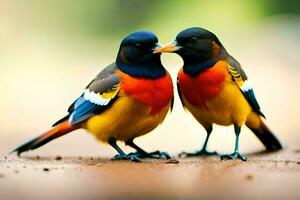 two colorful birds standing on a dirt surface. AI-Generated photo