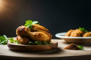 chicken wings on a wooden plate with a bowl of spices. AI-Generated photo