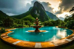 a beautiful fountain in the middle of a lush green mountain. AI-Generated photo