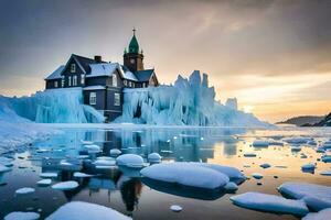 icebergs y un Iglesia en el medio de el océano. generado por ai foto