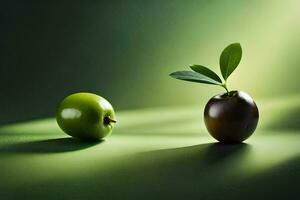 two green apples and one black apple on a green background. AI-Generated photo