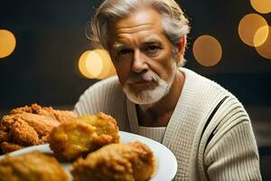 un más viejo hombre participación un plato de frito pollo. generado por ai foto