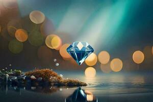 a diamond floating in the water with bokeh lights. AI-Generated photo