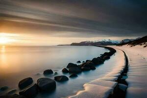 a long exposure photograph of a beach with rocks and snow. AI-Generated photo