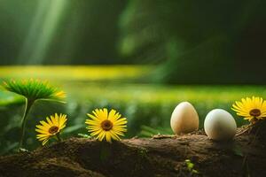 three eggs are sitting on a log with flowers. AI-Generated photo