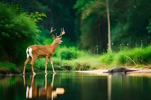 a deer and an alligator standing in the water. AI-Generated photo