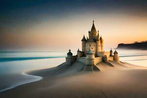 un castillo en el playa a puesta de sol. generado por ai foto
