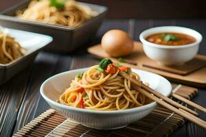 chinese noodles in a bowl with chopsticks. AI-Generated photo