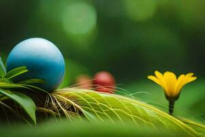 the blue egg is sitting on a green leaf with yellow flowers. AI-Generated photo