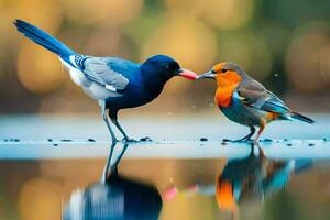 dos aves en pie siguiente a cada otro con su picos abierto. generado por ai foto