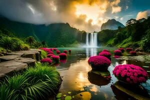 beautiful waterfall in the mountains with pink flowers and water lilies. AI-Generated photo