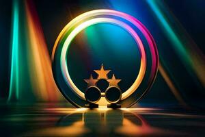 Tres estrellas en un circulo con un arco iris ligero. generado por ai foto
