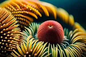 a close up of a red and yellow sea urchin. AI-Generated photo