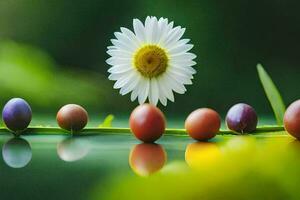 a daisy and several eggs are lined up on a green stem. AI-Generated photo