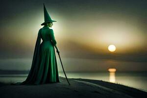 a woman in a green dress and hat stands on the beach. AI-Generated photo