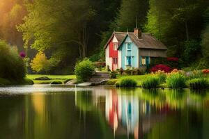 a house sits on the edge of a lake. AI-Generated photo