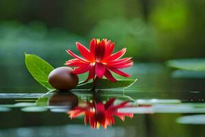 a red flower and a ball of water are floating in the water. AI-Generated photo