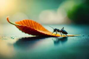 un pequeño insecto se sienta en parte superior de un hoja. generado por ai foto