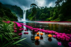 beautiful waterfall in the jungle with pink flowers. AI-Generated photo