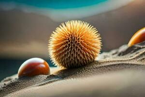 a spiky ball of sand on the beach. AI-Generated photo