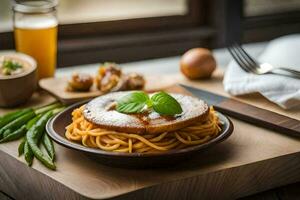a plate of spaghetti with meat and vegetables on a wooden table. AI-Generated photo