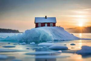 a house on an iceberg in the middle of the ocean. AI-Generated photo