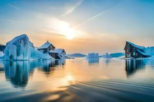 icebergs float in the water at sunset. AI-Generated photo