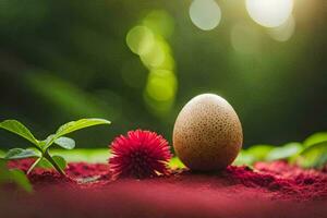 an egg sitting on top of red dirt with green leaves. AI-Generated photo