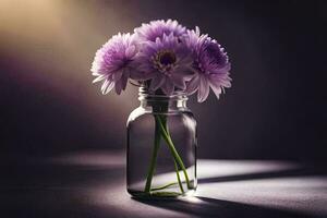 purple flowers in a glass vase on a dark background. AI-Generated photo