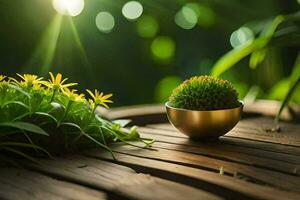 un pequeño planta en un cuenco en un de madera mesa. generado por ai foto