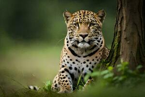 a leopard sitting in the grass near a tree. AI-Generated photo