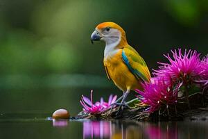 a colorful bird sits on a branch in the water. AI-Generated photo