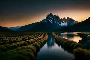 el montañas son reflejado en el agua a puesta de sol. generado por ai foto