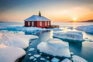 un rojo casa se sienta en parte superior de hielo témpanos en el océano. generado por ai foto