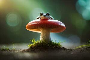 a frog sits on top of a red mushroom. AI-Generated photo