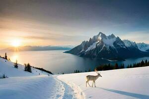 a deer stands on the snow in front of a mountain. AI-Generated photo