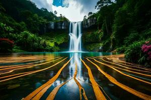 a waterfall in the middle of a forest with a tree line. AI-Generated photo
