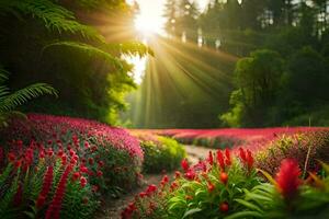 photo wallpaper the sun, flowers, path, flowers, forest, green, nature, nature wallpaper. AI-Generated