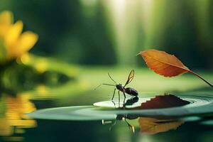 a bug is sitting on a leaf in the water. AI-Generated photo