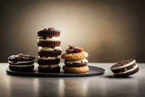 a stack of chocolate cookies on a black plate. AI-Generated photo