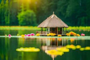 a small hut sits on the water with flowers. AI-Generated photo