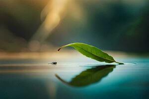 un hoja es flotante en el agua con un pequeño insecto. generado por ai foto