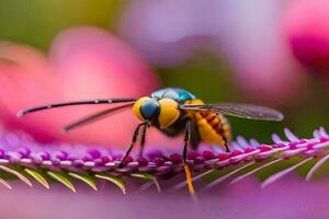 a colorful wasp sits on a purple flower. AI-Generated photo