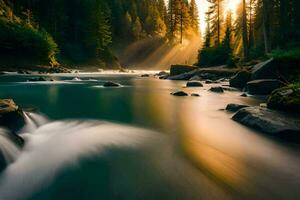 un río fluido mediante un bosque con Dom rayos brillante mediante el arboles generado por ai foto