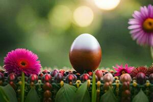 an egg sitting on a flower bed surrounded by other flowers. AI-Generated photo