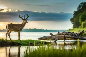 a deer and an alligator standing in the water. AI-Generated photo