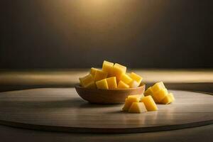 a bowl of cubed cheese on a wooden table. AI-Generated photo