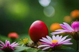 a red egg is sitting on top of some flowers. AI-Generated photo